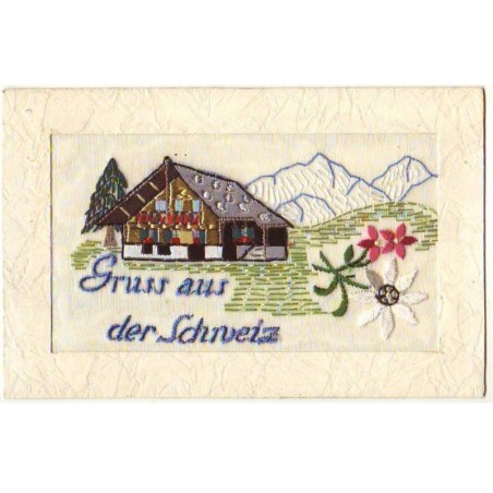 n°21151 - Carte Brodée - Gruss aus der Schnveiz - Chalet et Edelweis