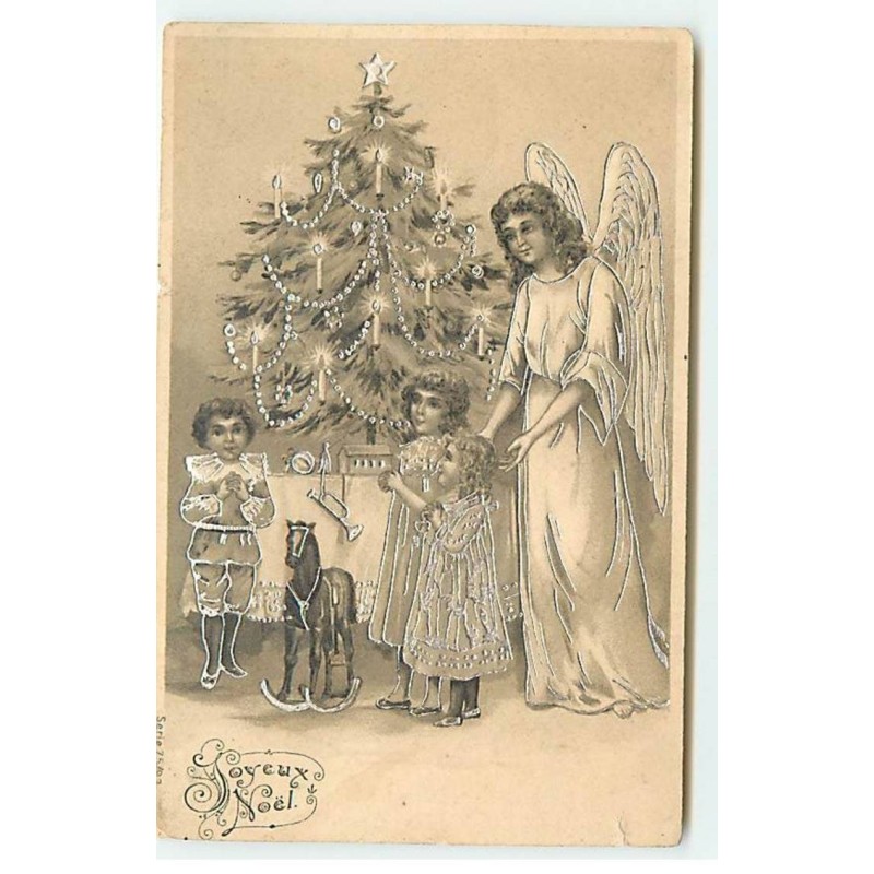 n°21185 - Carte Gaufrée - Joyeux Noël - Un ange gardien près d'enfants découvrant des jouets