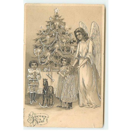 n°21185 - Carte Gaufrée - Joyeux Noël - Un ange gardien près d'enfants découvrant des jouets