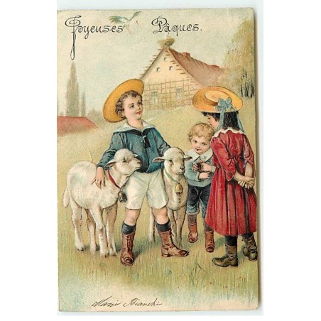 n°21199 - Carte Gaufrée - Série 3989 - Joyeuses Pâques - Enfants près de moutons