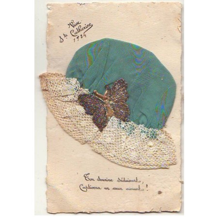 n°21204 - Sainte-Catherine - Bonnet vert, dentelle et papillon argenté