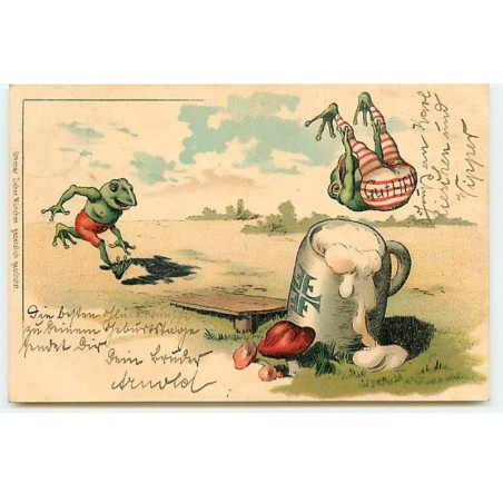n°21216 - Grenouilles Habillées sautant au-dessus d'une chope de bière