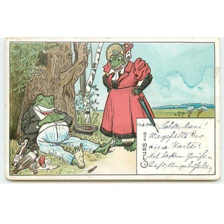 n°21217 - Grenouilles habillées, l'une dormant au milieu de bouteilles