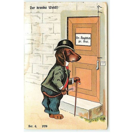 n°21218 - Der Kranke Waldf ! - Teckel habillé devant une porte - Dackel