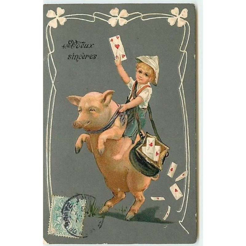 n°11247 - Carte Fantaisie Gaufrée - Enfant Facteur sur un Cochon