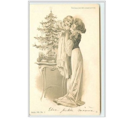 n°2122 - Fröhliche weihnachten - Femme soulevant une fillette pour lui montrer le sapin