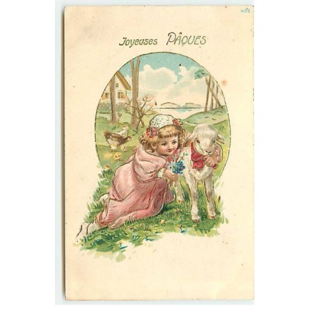 n°21225 - Carte Gaufrée - n°439 - Joyeuses Pâques - Fillette câlinant un mouton