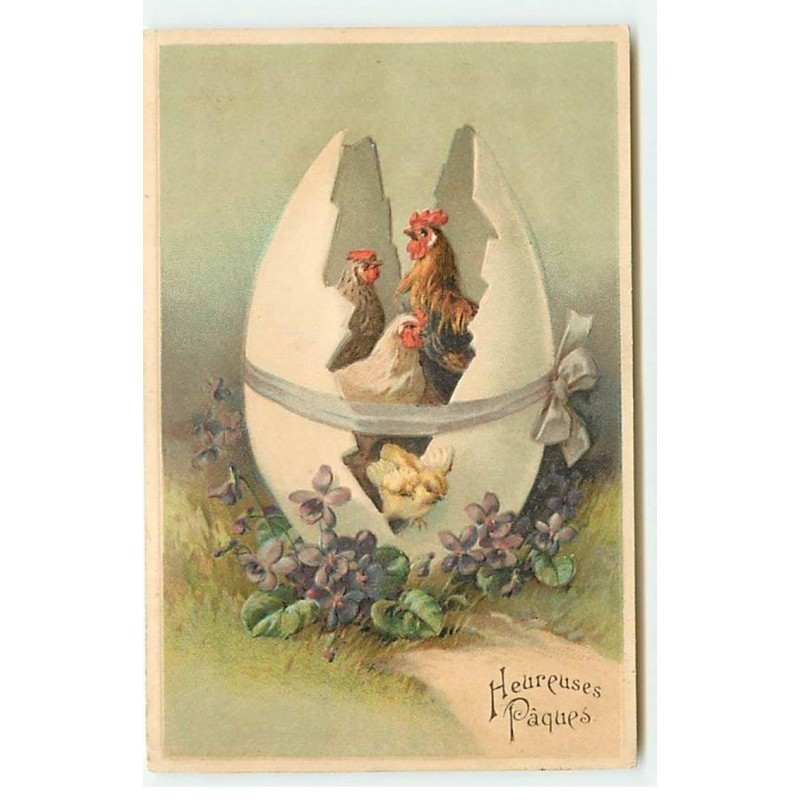 n°21227 - Carte Gaufrée - Heureuses Pâques - Coq, poules et poussins dans un oeuf au milieu de violettes