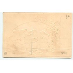 n°21227 - Carte Gaufrée - Heureuses Pâques - Coq, poules et poussins dans un oeuf au milieu de violettes