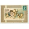 n°21228 - Carte Gaufrée - Heureuses Pâques - Poussins, l'un jouant d'une grosse caisse
