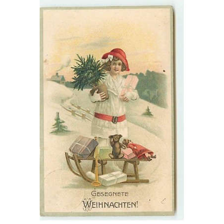 n°21231 - Carte Gaufrée - Gesegnete Weihnachten - Jeune fille près d'une luge - ours en peluche, teddy bear