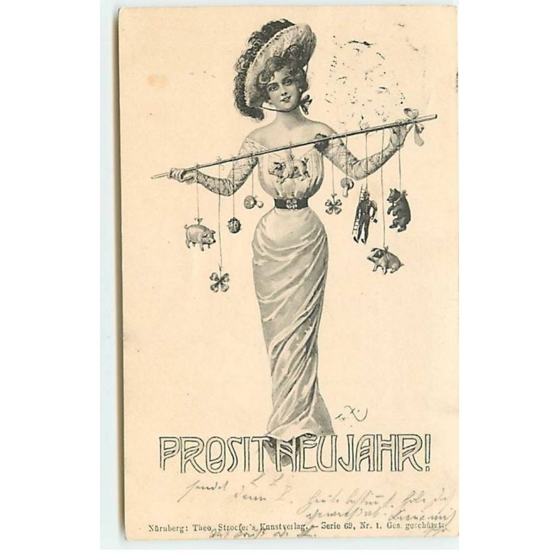n°21238 - Theo Stroefer - Prosit Neujahr - Jeune femme tenant des portes bonheur sur un bâton - cochon