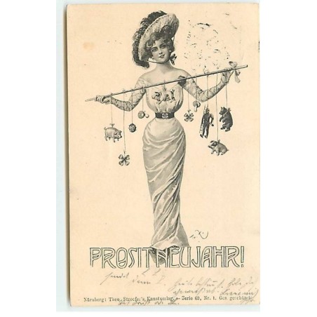 n°21238 - Theo Stroefer - Prosit Neujahr - Jeune femme tenant des portes bonheur sur un bâton - cochon