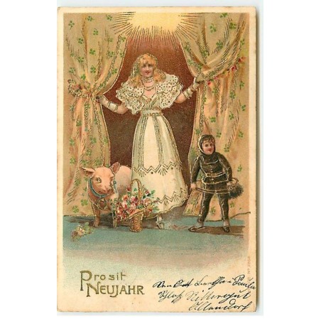 n°21239 - Carte Gaufrée - Prosit Neujahr - Jeune femme avec un cochon et un ramoneur