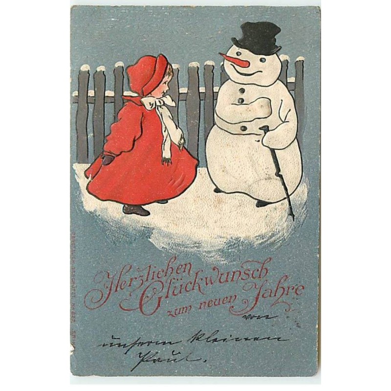 n°21243 - Carte Gaufrée - Style Caspari - Fillette près d'un Bonhomme de Neige