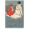 n°21243 - Carte Gaufrée - Style Caspari - Fillette près d'un Bonhomme de Neige