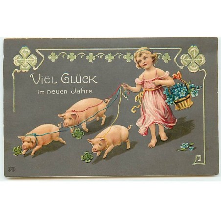 n°21245 - Carte Gaufrée - Viel Glück im Neuen Jahre - Fillette se promenant avec des cochons
