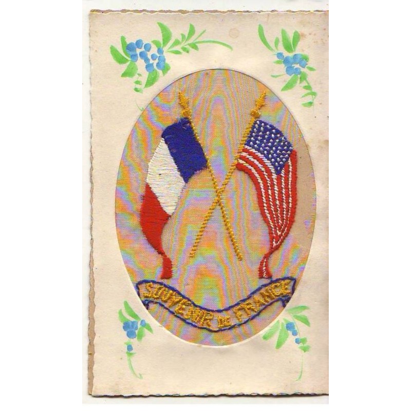 n°21252 - Carte Brodée - Souvenir de France - Drapeaux Français et Américain