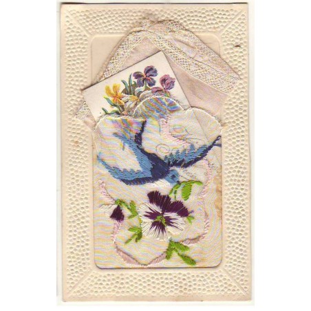 n°21253 - Carte Brodée avec Pochette - Hirondelle et une pensée