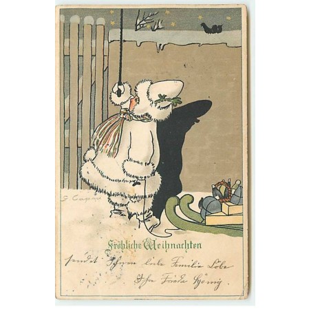 n°21272 - Caspari - Enfant tirant une luge remplie de cadeaux, sonnant à une maison