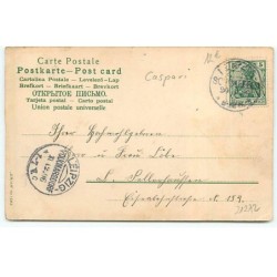 n°21272 - Caspari - Enfant tirant une luge remplie de cadeaux, sonnant à une maison