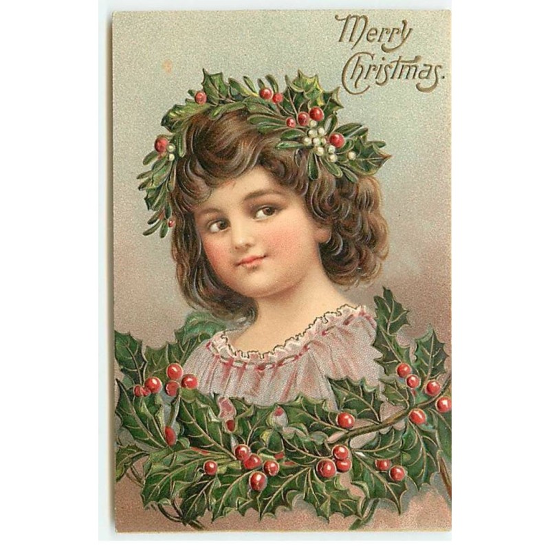 n°21276 - Carte Gaufrée - Merry Christmas - Fillette portant une couronne de houx sur la tête
