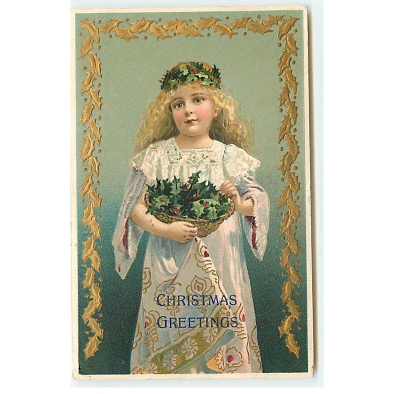 n°21277 - Carte Gaufrée - Christmas Greetings - Fillette portant une couronne de houx sur la tête, et dans une corbeille