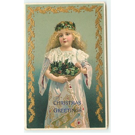 n°21277 - Carte Gaufrée - Christmas Greetings - Fillette portant une couronne de houx sur la tête, et dans une corbeille