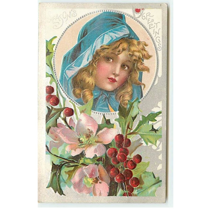 n°21278 - Carte Gaufrée - Season's Greetings - Fillette dans un médaillon, au-dessus de branches de houx