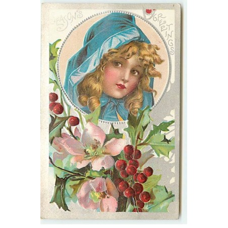 n°21278 - Carte Gaufrée - Season's Greetings - Fillette dans un médaillon, au-dessus de branches de houx