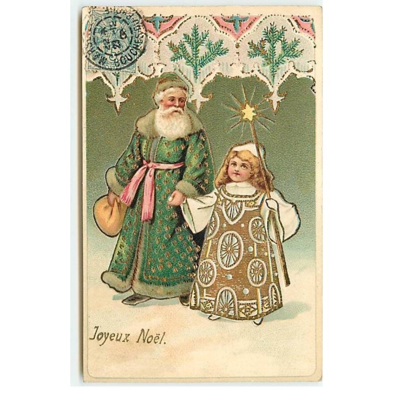 n°21279 - Carte Gaufrée - Joyeux Noël - Père Noël se promenant en tenant par la main une fillette
