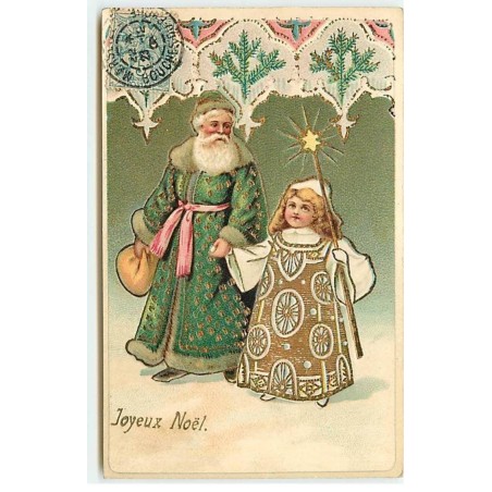 n°21279 - Carte Gaufrée - Joyeux Noël - Père Noël se promenant en tenant par la main une fillette