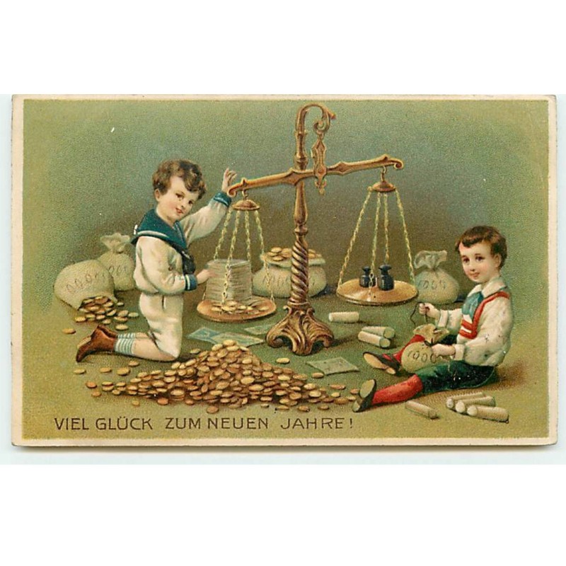 n°21281 - Carte Gaufrée - Viel Glück zum Neuen Jahre - Garçon autour d'une balance pesant des pièces d'or