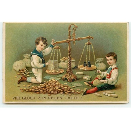 n°21281 - Carte Gaufrée - Viel Glück zum Neuen Jahre - Garçon autour d'une balance pesant des pièces d'or