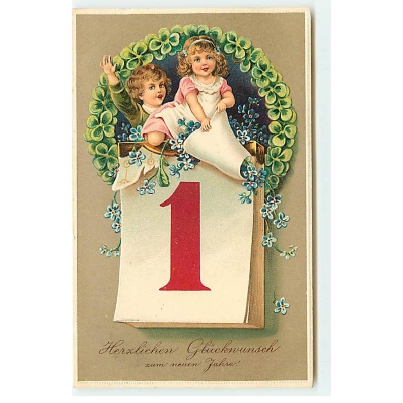 n°21283 - Carte Gaufrée - Herzlichen Glücklwunsch zum Neuen Jahre - Enfants assis sur un éphéméride