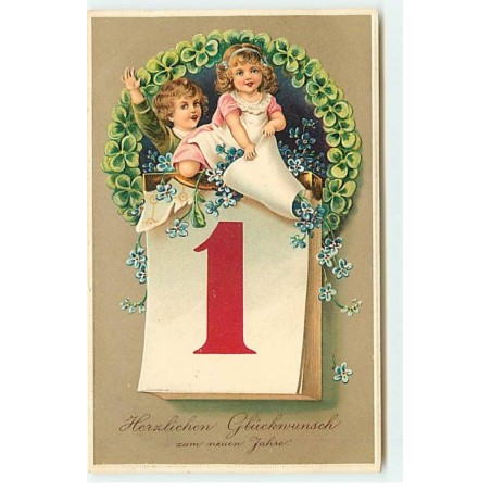 n°21283 - Carte Gaufrée - Herzlichen Glücklwunsch zum Neuen Jahre - Enfants assis sur un éphéméride