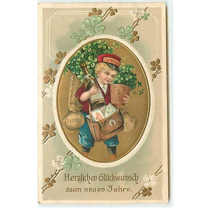 n°21284 - Carte Gaufrée - Garçon apportant des cadeaux, et des portes-bonheurs
