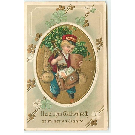 n°21284 - Carte Gaufrée - Garçon apportant des cadeaux, et des portes-bonheurs
