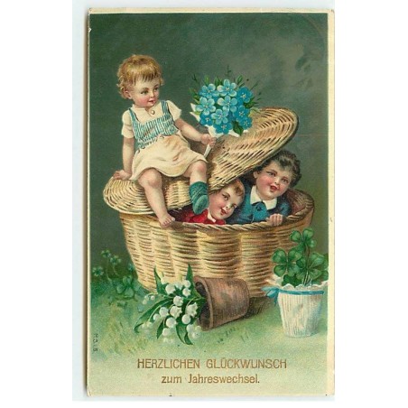 n°21285 - Enfants dans un panier, près de Trèfles et de Brins de Muguet
