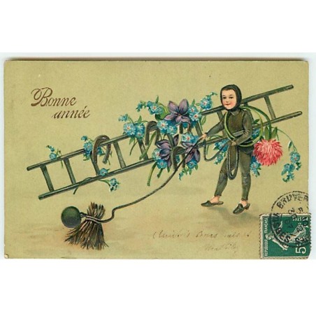n°21287 - Carte Gaufrée - Bonne Année - Ramoneur portant une échelle décorée de fleurs