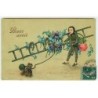 n°21287 - Carte Gaufrée - Bonne Année - Ramoneur portant une échelle décorée de fleurs