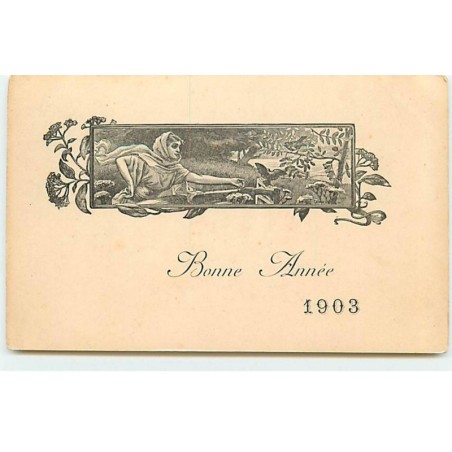 n°21289 - Bonne Année 1903 - Jeune femme s'approchant d'un oiseau