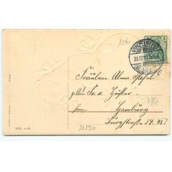 n°21290 - Carte Gaufrée - Ein Frohes Neues Jahr - Chat assis sur des sacs de pièces d'or et tenant des Trèfles