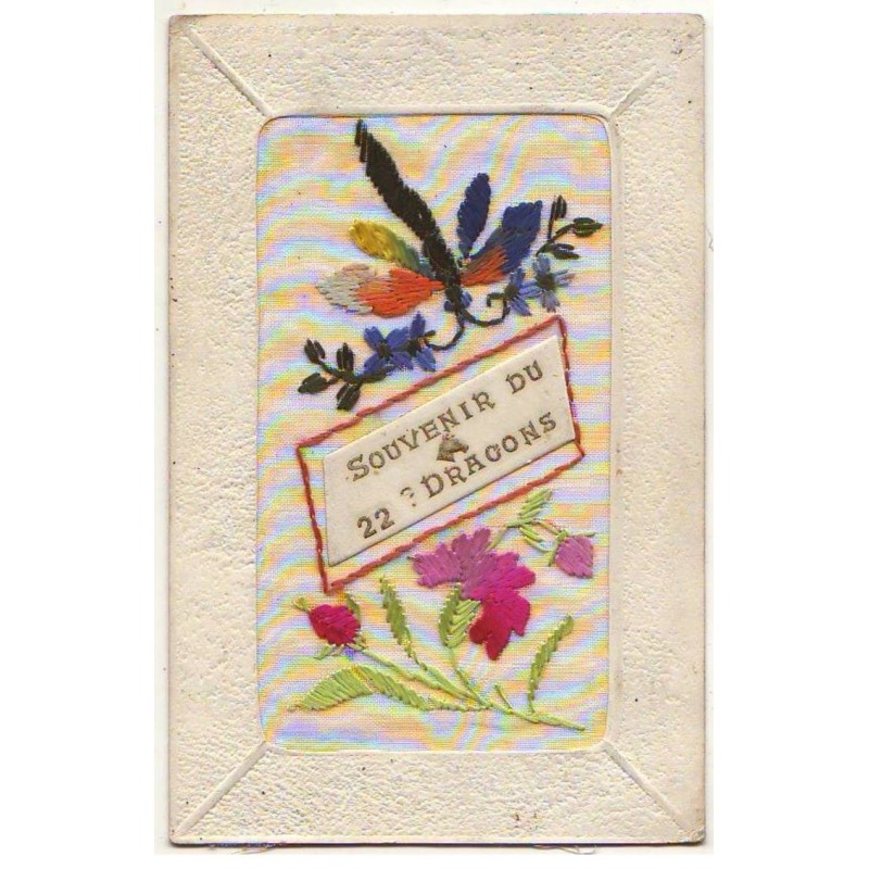 n°21304 - Carte Brodée - Souvenir du 22ème Dragons - Fleurs et libellule