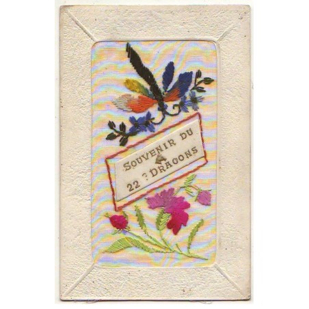 n°21304 - Carte Brodée - Souvenir du 22ème Dragons - Fleurs et libellule