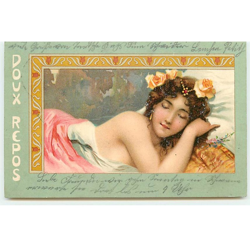 n°21311 - Art Nouveau - Doux Repos - Jeune femme avec des roses dans les cheveux dormant