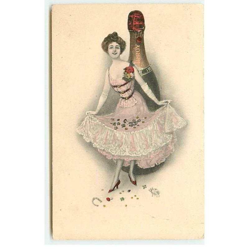 n°21315 - Jeune femme faisant une révérence devant une bouteille de champagne - Cachet Carnevals Gruss Munchen