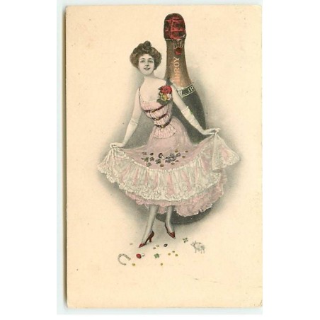n°21315 - Jeune femme faisant une révérence devant une bouteille de champagne - Cachet Carnevals Gruss Munchen