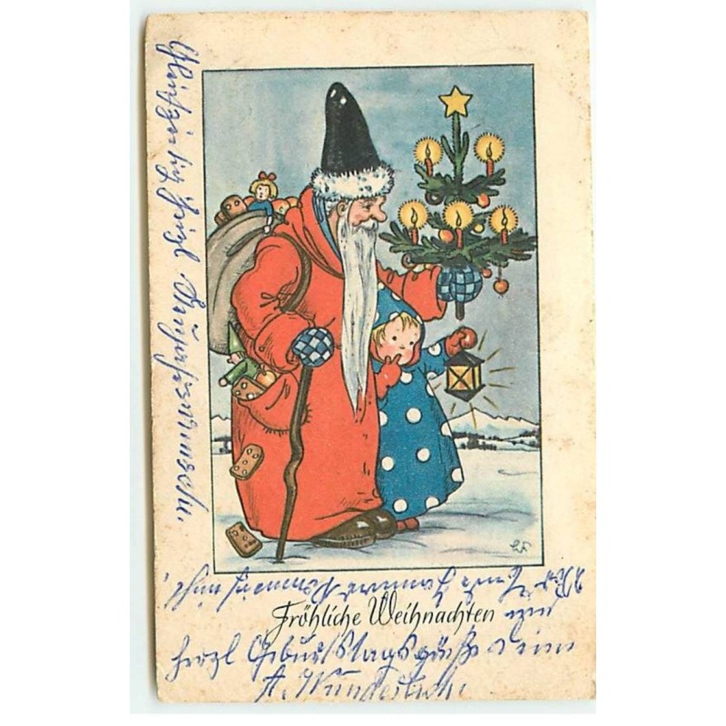 n°21319 - Fröhliche Weihnachten - Fillette tenant une lanterne marchant près du Père Noël apportant des cadeaux ...