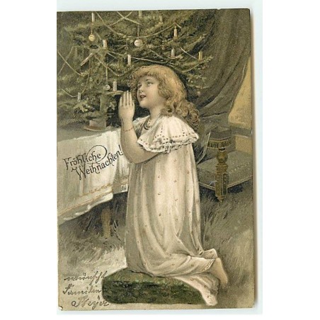 n°21320 - Fröhliche Weihnachten - Fillette priant près d'un sapin décoré